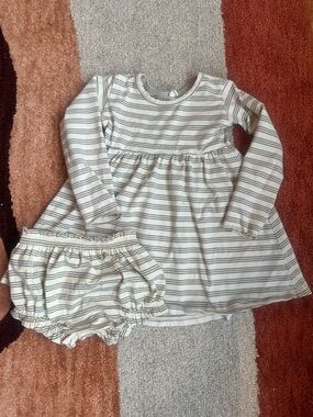 Quincey Mae Striped Cream & Gray Baby Dress with Bloomers